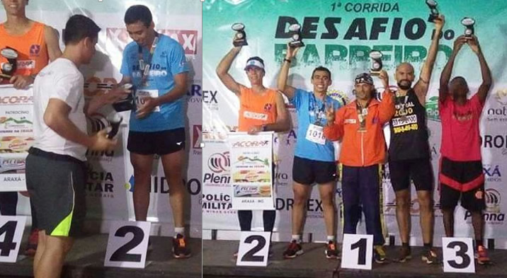 Bruno Rafael levantando o troféu comemorando o 2º lugar ao lado de atletas de elite.